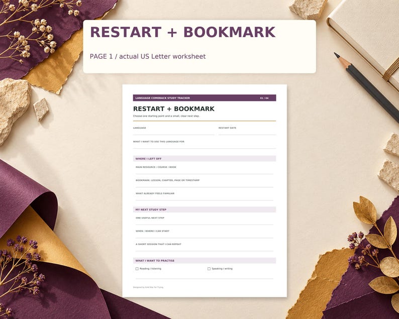 Language Comeback Study Tracker Printable PDF | Restart, Weekly Plan and Session Log | Letter + A4, Color + B&W image 3