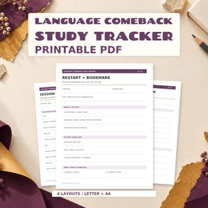 Plan de seguimiento para retomar el estudio de idiomas (PDF imprimible) / Reinicio, plan semanal y registro de sesiones / Carta + A4, color + blanco y negro