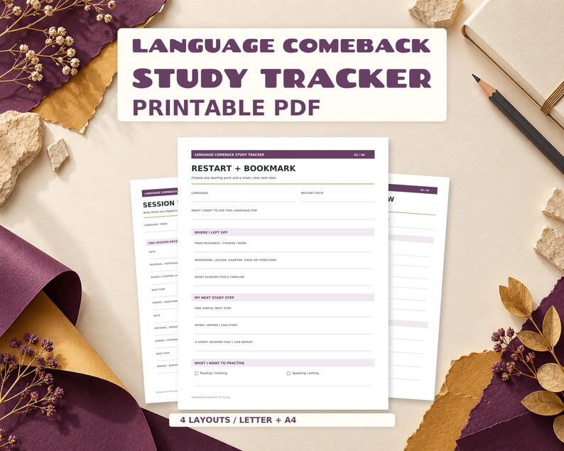 Language Comeback Study Tracker Printable PDF | Restart, Weekly Plan and Session Log | Letter + A4, Color + B&W image 1