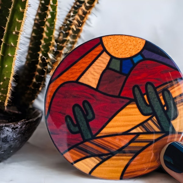 Southwestern desert pocket mirror, faux stained glass cactus, cacti travel compact mirror for her,  boho southwest art, makeup mirror