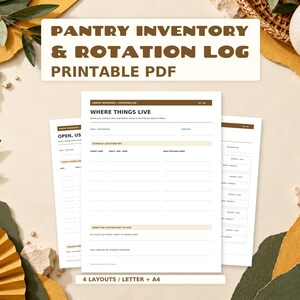 Può includere: Un documento PDF stampabile per il registro dell'inventario e della rotazione della dispensa con pagine bianche, testo e linee marroni. Il documento include sezioni intitolate Where Things Live, Storage Location Key e Stock Change Log per l'organizzazione.
