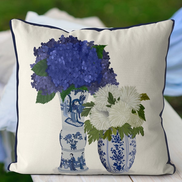 OUTDOOR pillow, Blue and White Chinoiserie Asian Garden Cushion Cover - Weatherproof and Showerproof Outdoor Pillow for Hampton-style Spaces