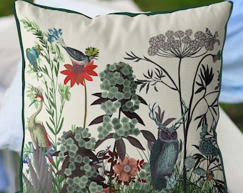 Botanical garden OUTDOOR cushion cover, Wildflower Bloom Owl pillow cover, Water resistant patio throw pillow, Floral Accent