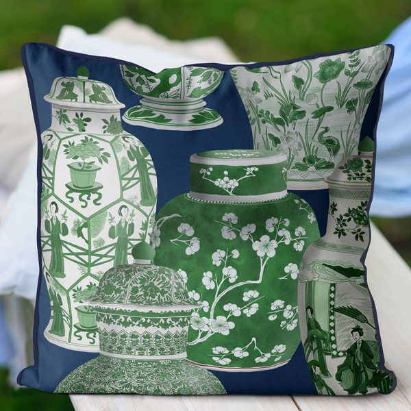 OUTDOOR pillow cover, Green Blue and White Chinoiserie Asian cushion cover, garden throw pillow, showerproof patio, hamptons style