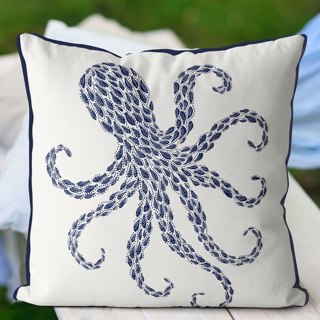 Octopus Midnight Blue on White OUTDOOR Pillow Covers Dark Navy Blue