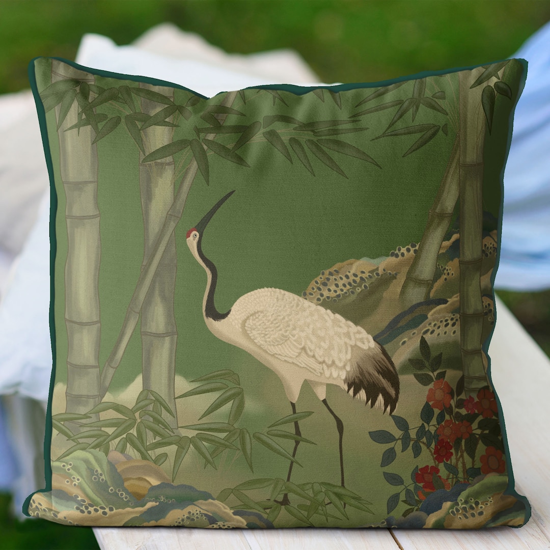 OUTDOOR Pillow Cover, Chinese Crane 4 on Green, Chinoiserie Cushion