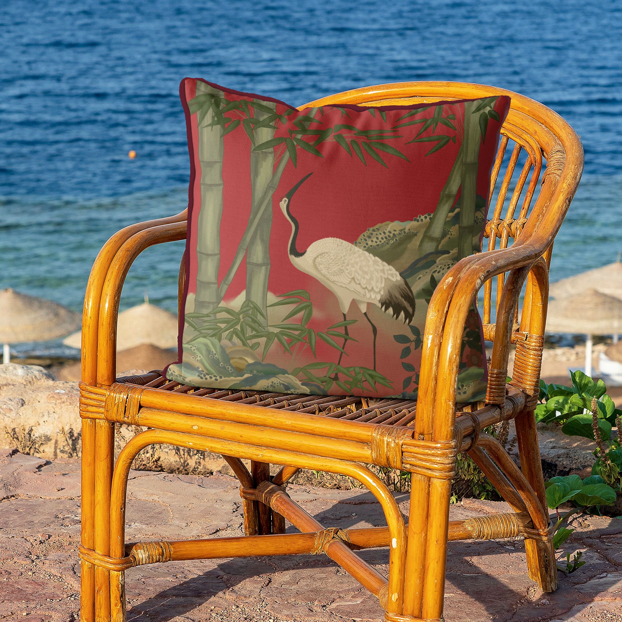 OUTDOOR Pillow Cover, Chinese Crane 4 on Red, Chinoiserie Cushion Cover