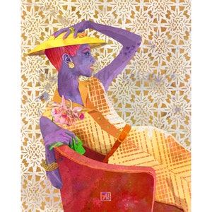Retro Fashion Illustration #37 - Fabulous 1950s Vintage Fashion Art Print - Retro Miami Beach Style Yellow Orange | Hollywood Retro Print