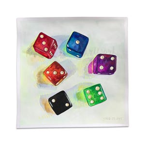Vintage Bakelite Dice - Small 8x8 Watercolor Painting | Retro Game Room Decor | Colorful Assorted Dice | Vintage Dice Pop Art Painting