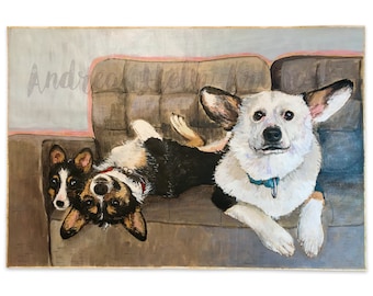 Corgi Family Portrait | Three Corgis on a Couch - Original Watercolor Painting | Pet Portraits