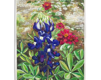 Red White and Bluebonnet | Bluebonnets Watercolor Painting 11x15 | Texas Bluebonnet Wall Art | Botanical Watercolor | Texas Hill Country Art