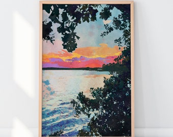 Sunset On The Water - Lake House Art Print | Lakeside Sunset Wall Art | Summer Sunset | Vintage Lakeside Wall Art | Lake Life Home Decor