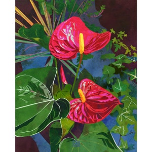 Red Anthurium Flower Abstract Watercolor Decor - Tropical Floral Art Print