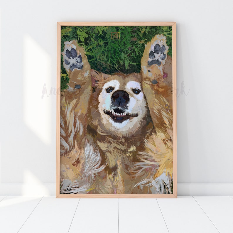 May include: A golden retriever dog lying on its back with its paws in the air. The dog is smiling and has its tongue out. The dog is on a green grassy background.