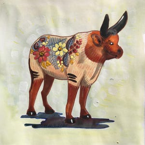 May include: A watercolor painting of a bull with floral designs on its back. The bull is primarily brown and tan, with black horns and hooves. The flowers are red, yellow, and blue. The painting is signed "SH 10.7.2025".