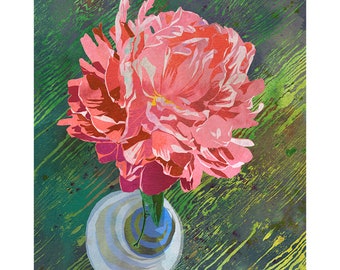 Peach Peony Flower In A Glass Jar - Watercolor Peony Art Print - Floral Wall Art