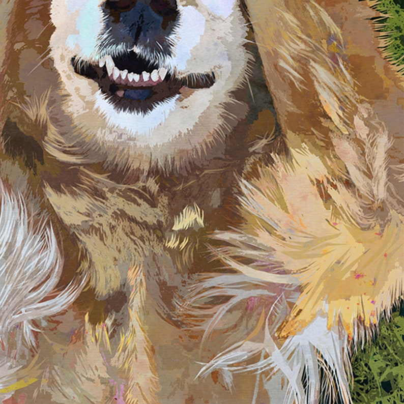 May include: A close-up of a golden retriever dog's face. The dog is smiling with its mouth open, showing its teeth. The dog's fur is soft and fluffy, and its eyes are closed. The dog's tongue is sticking out slightly.