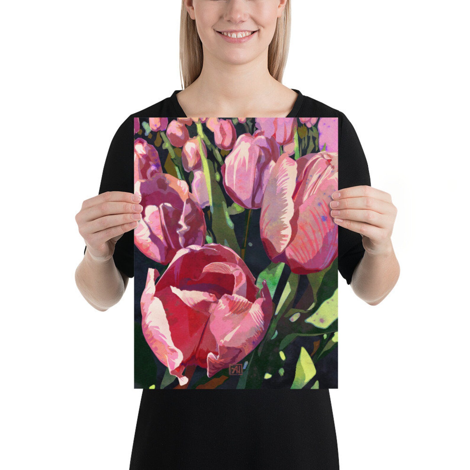 Tulip Flower Art Print #13 - Traditional Pink Tulips Watercolor Floral ...