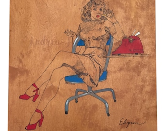 Portrait de pin-up impertinente | Grande illustration de pyrogravure 24 x 24 sur panneau de bouleau