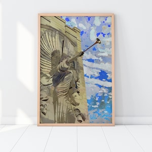 Bass Hall Angel Watercolor Art Print - Blue Morning Sky | Fort Worth Sundance Square | Angel Painting