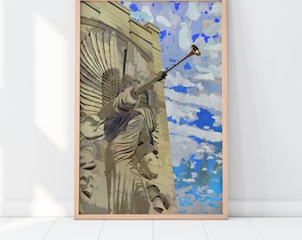 Bass Hall Angel Watercolor Art Print - Blue Morning Sky | Fort Worth Sundance Square | Angel Painting