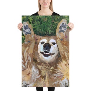 May include: A golden retriever dog lying on its back with its paws in the air. The dog is smiling and has its tongue out. The dog is on a green grassy background.