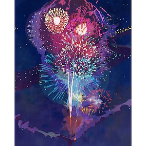 Fourth of July Fireworks - Airplane Flyover View | Independence Day Fireworks Scene - Blue Pink