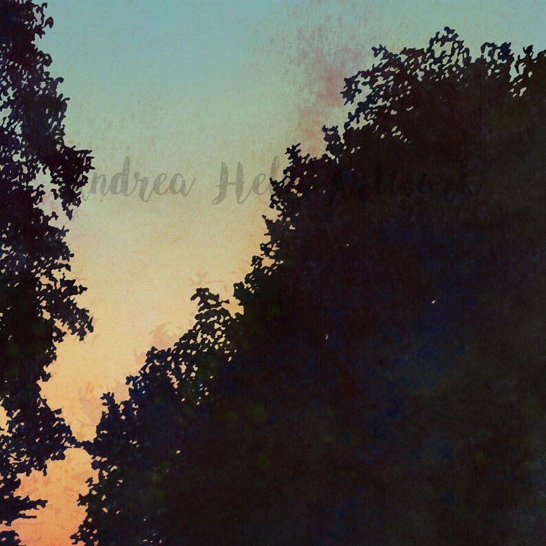 May include: A watercolor painting of a sunset with two trees silhouetted against the sky. The sky is a gradient of blue, orange, and yellow. The trees are dark green and black.