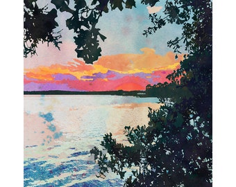 Sunset Lake Art Print | Watercolor Lake House Wall Art | Rustic Lake Landscape Print