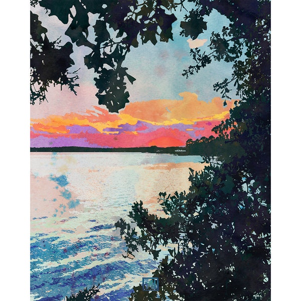 Sunset Lake Art Print | Watercolor Lake House Wall Art | Rustic Lake Landscape Print