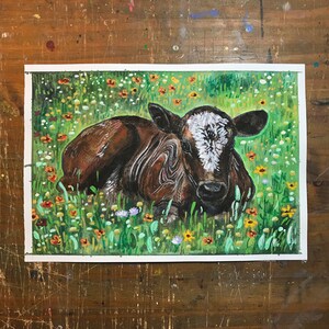 Brown Calf In The Flowers Baby Calf Watercolor Painting 7x10 Baby Farm Animals Wall Art image 6