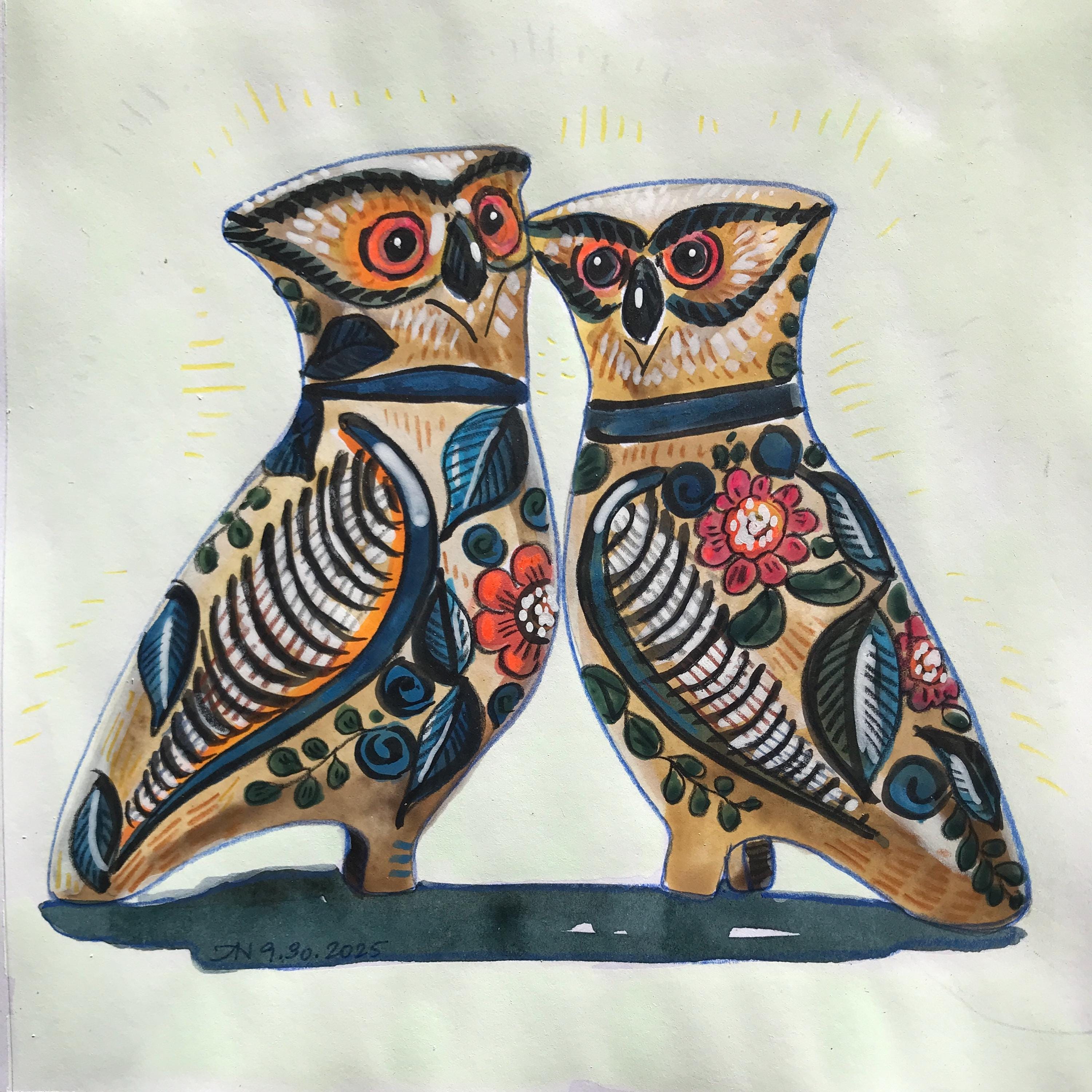 Mexican Folk Art Two Desert Owls - 8x8 Small Original Watercolor Painting