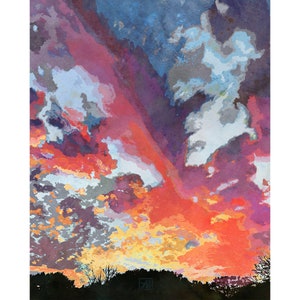 May include: A watercolor painting of a sunset sky with vibrant orange, pink, and purple hues. The clouds are fluffy and white, creating a dramatic contrast against the colorful sky.