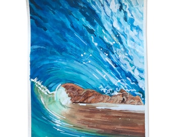 Blue Ocean Wave Watercolor Painting: Coastal Beach Art (9x12)