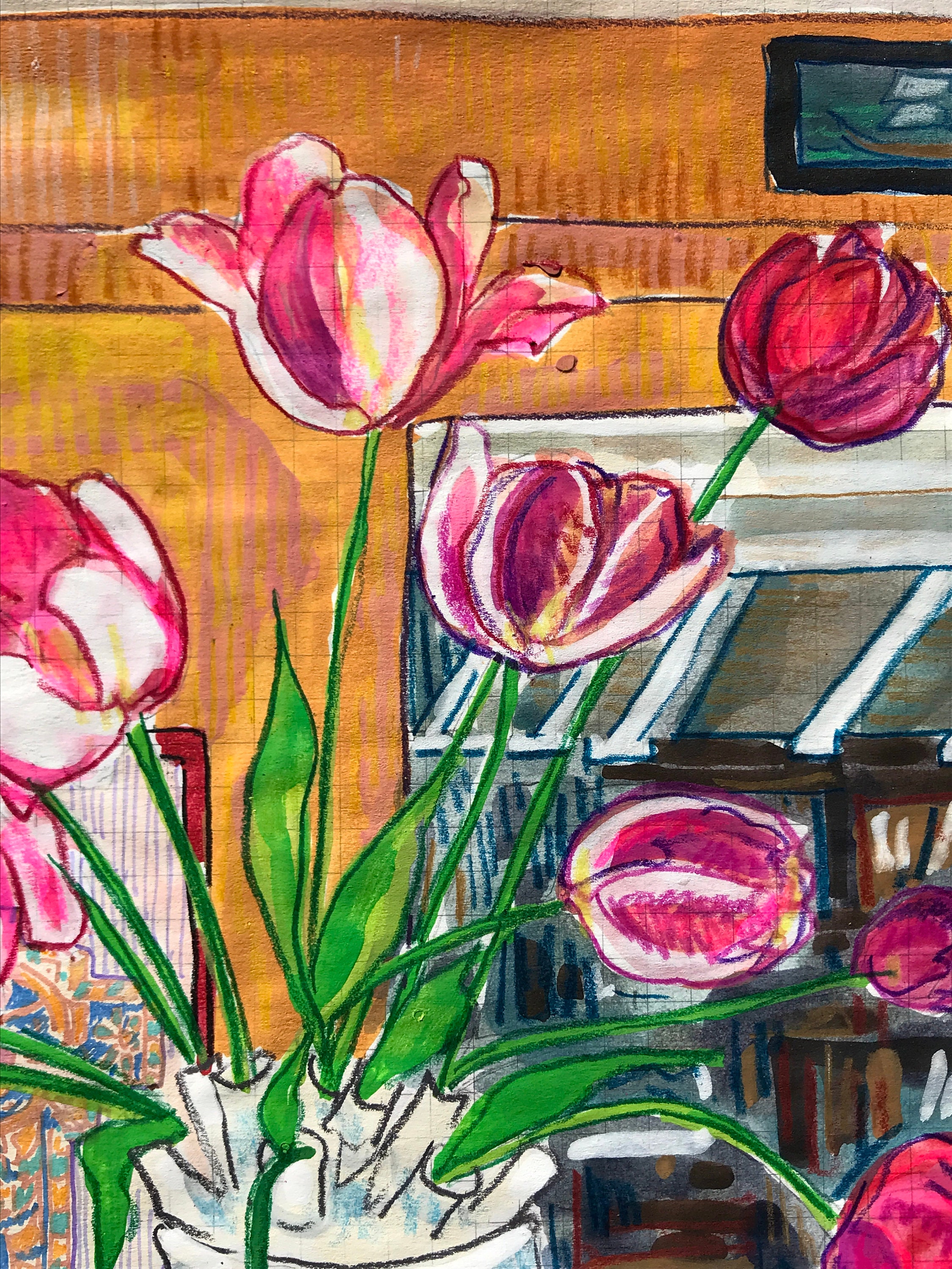 Original Room Interior Watercolor Painting | Striped Tablecloth With ...