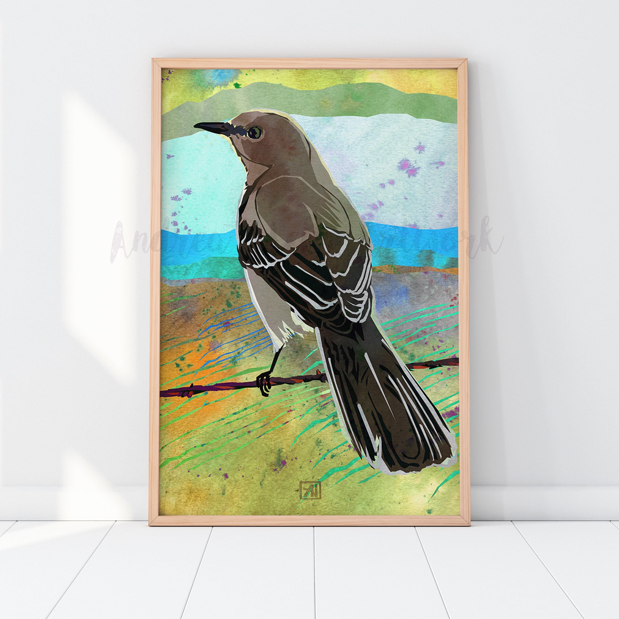 A Mockingbird's Morning | Texas State Bird Art | Watercolor Bird