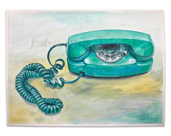 Turquoise Rotary Phone Watercolor Painting: Retro Office Wall Art (11x15 Unframed)