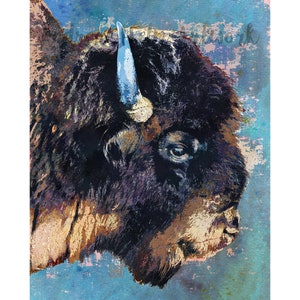 American Plains Bison Art Print - Tattered Blue Background