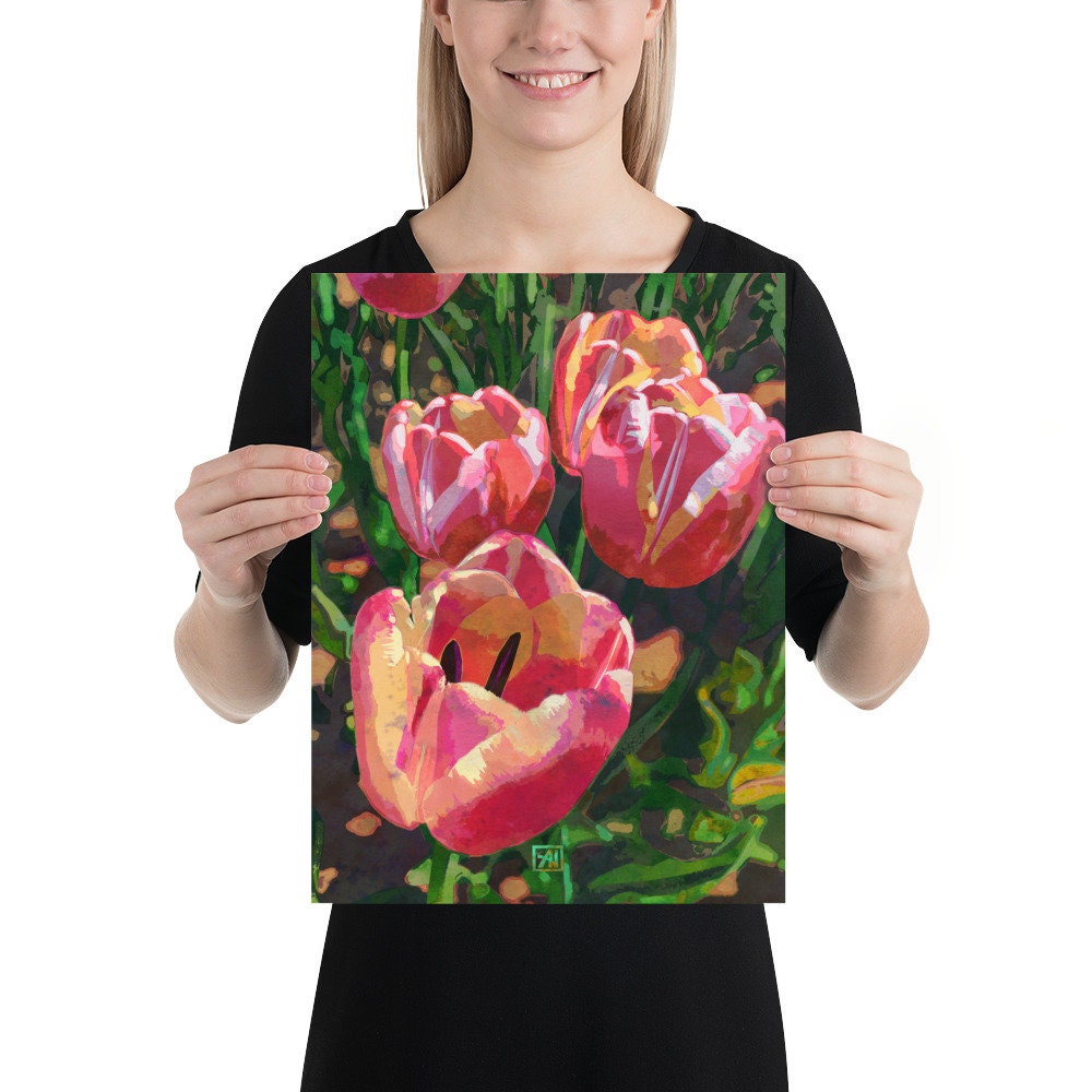 Tulip Flower Art Print 4 Coral Pink & Gold Tulips - Etsy
