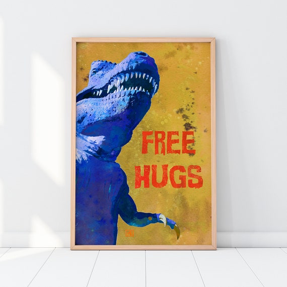 POP ART T-rex Free Hugs Wall Art Print - Blue, Yellow | Kids Room