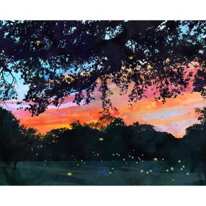 Field of Fireflies - Summer Evening Sunset Watercolor Illustration | Fireflies at Night | Colorful Sunset Landscape - Magical Firefly Art