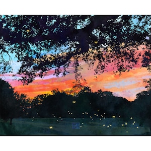 Field of Fireflies - Summer Evening Sunset Watercolor Illustration | Fireflies at Night | Colorful Sunset Landscape - Magical Firefly Art