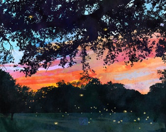Field of Fireflies - Summer Evening Sunset Art Print | Fireflies at Night | Colorful Sunset Landscape - Magical Firefly Art