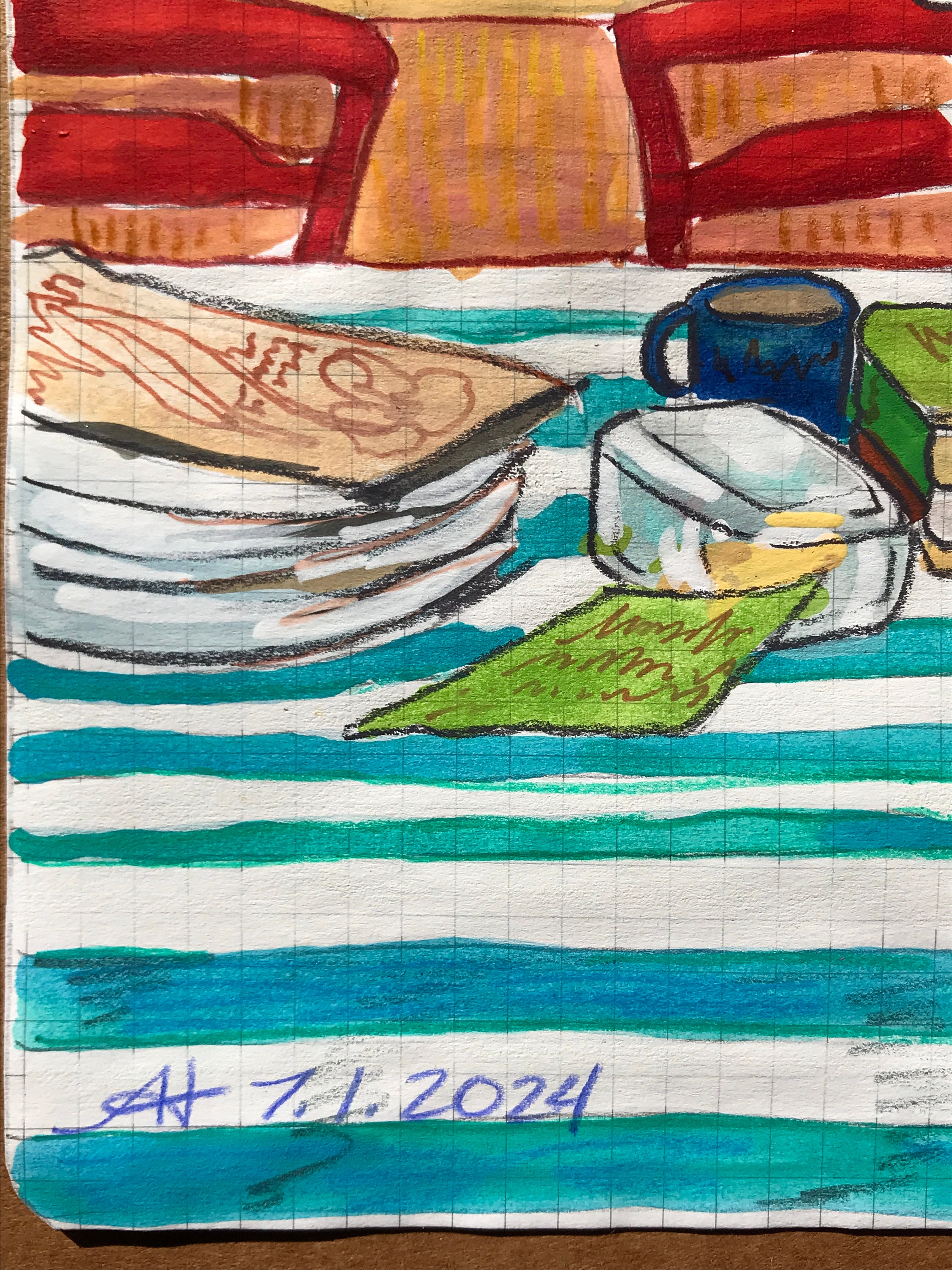 Original Room Interior Watercolor Painting | Striped Tablecloth With ...