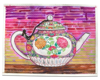 Antique Teapot Painting #22 | Curvy Antique Porcelain Teapot with Pink Yellow Floral Design | Teapot Wall Art | Floral Teapot Watercolor