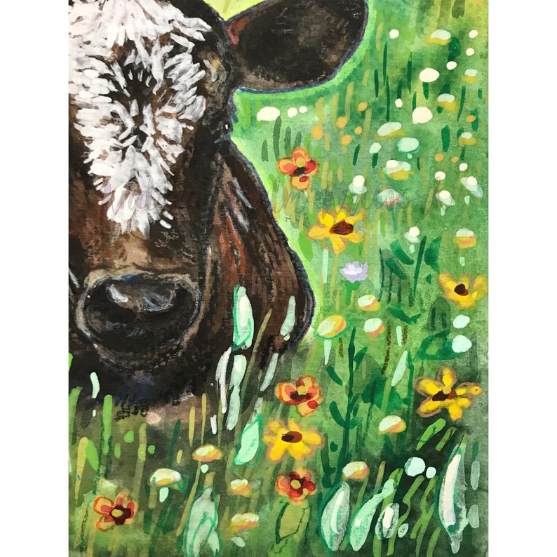 Brown Calf In The Flowers Baby Calf Watercolor Painting 7x10 Baby Farm Animals Wall Art image 9