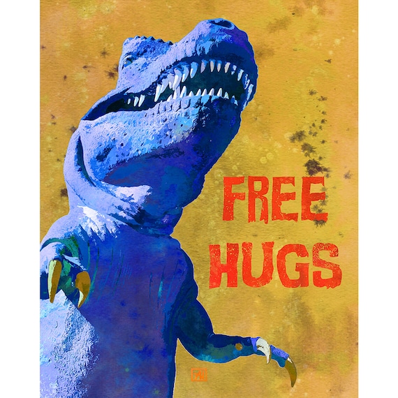 POP ART T-rex Free Hugs Wall Art Print Blue, Yellow Kids Room