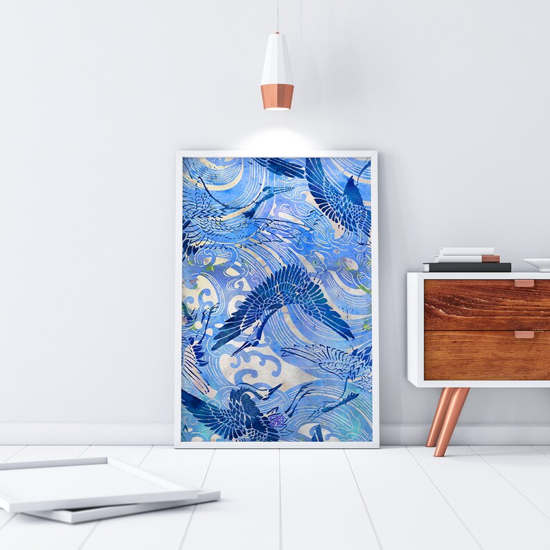 Blue Chinoiserie Wall Art Print Blue Waves and Cranes Asian Etsy