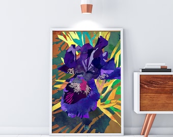 Watercolor Iris Flower Art Print Series #2 - Iris Flower and Shadows Watercolor Floral Print - Midnight Purple