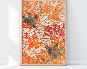 Swallows in Fun Flight Japanese Stencil Print - Brown Tangerine Multi | Japanese Floral Bird Art |  Japanese Birds  Stencil Art Print